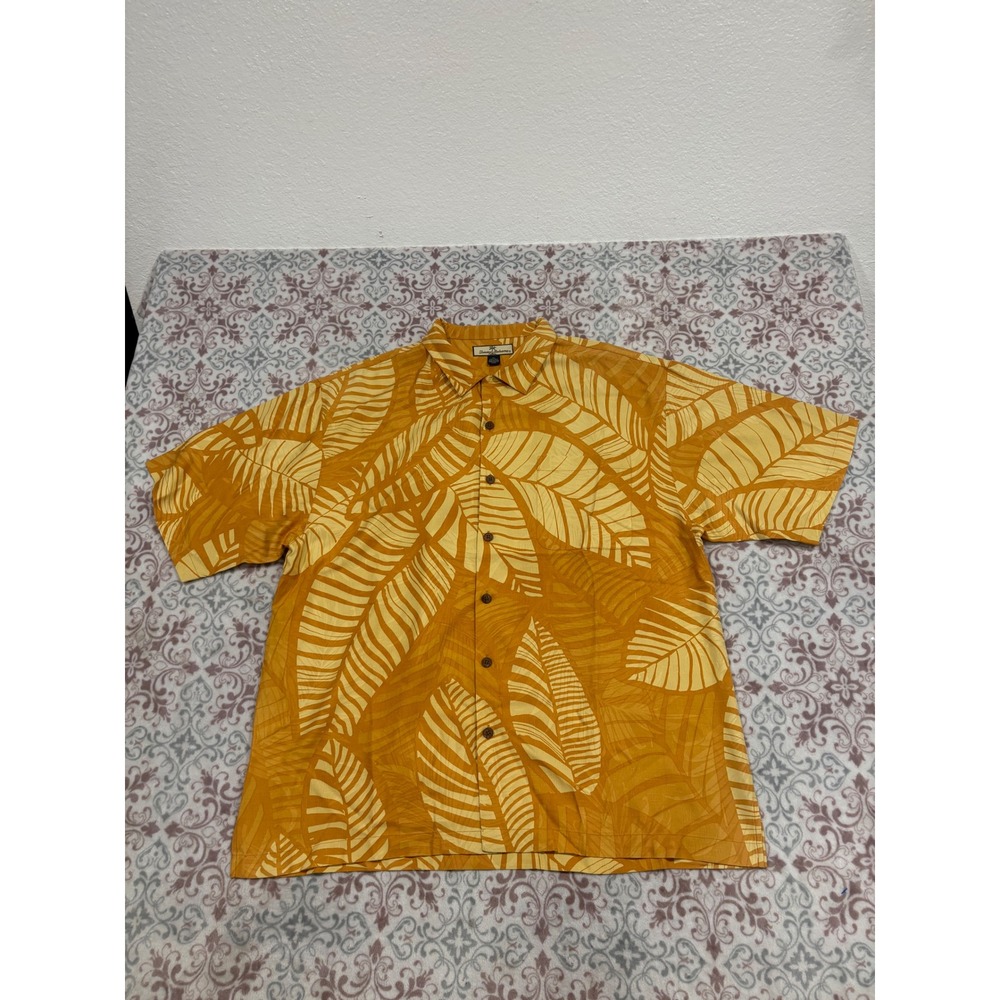 Tommy Bahama Mens XL Orange Yellow Tropical Leaf Print 100% Silk Button Up Shirt